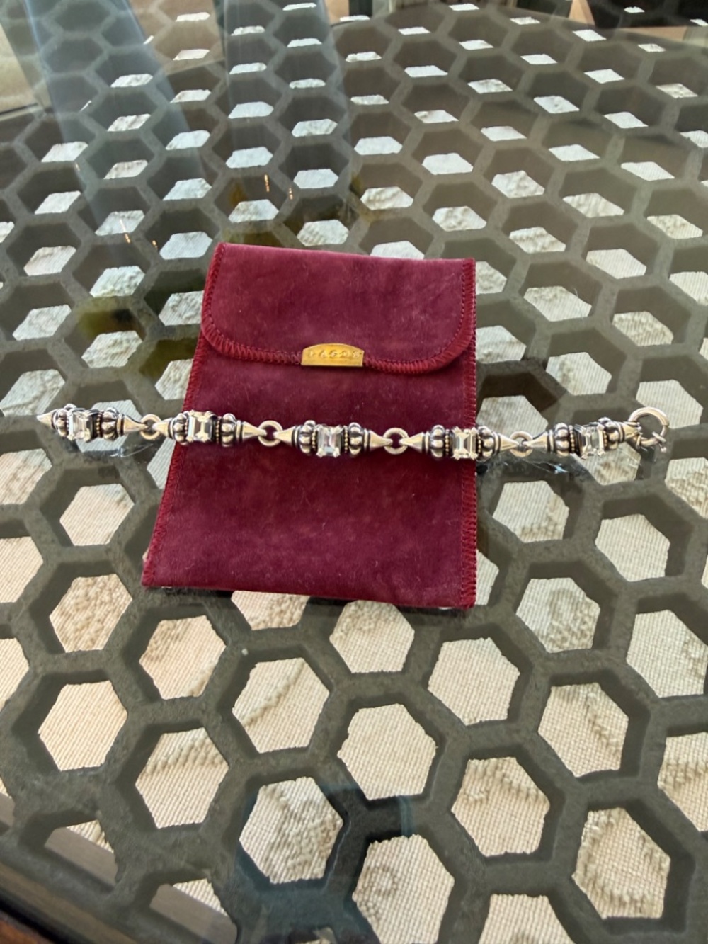 LAGOS 925 Sterling Silver 18K Gold Glacier Caviar White Topaz Link 7.5" Bracelet - Picture 7 of 16